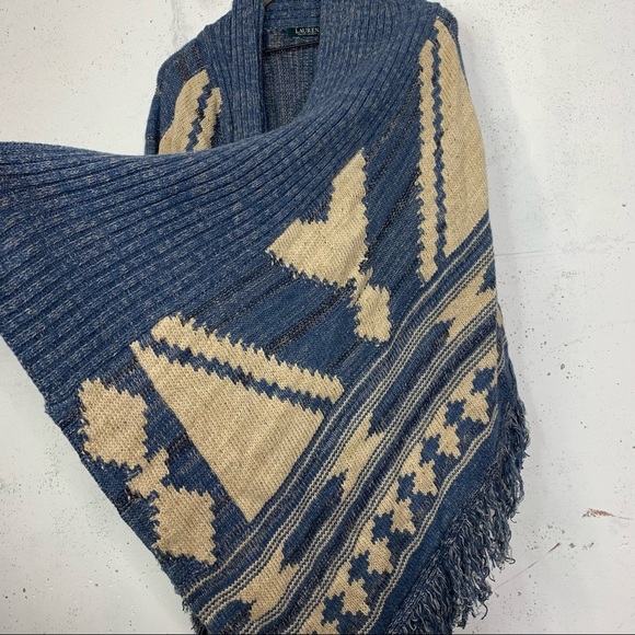 Lauren Ralph Lauren Vintage Aztec Knitted Wool Linen Blend Poncho Shawl Cardigan - Picture 7 of 16